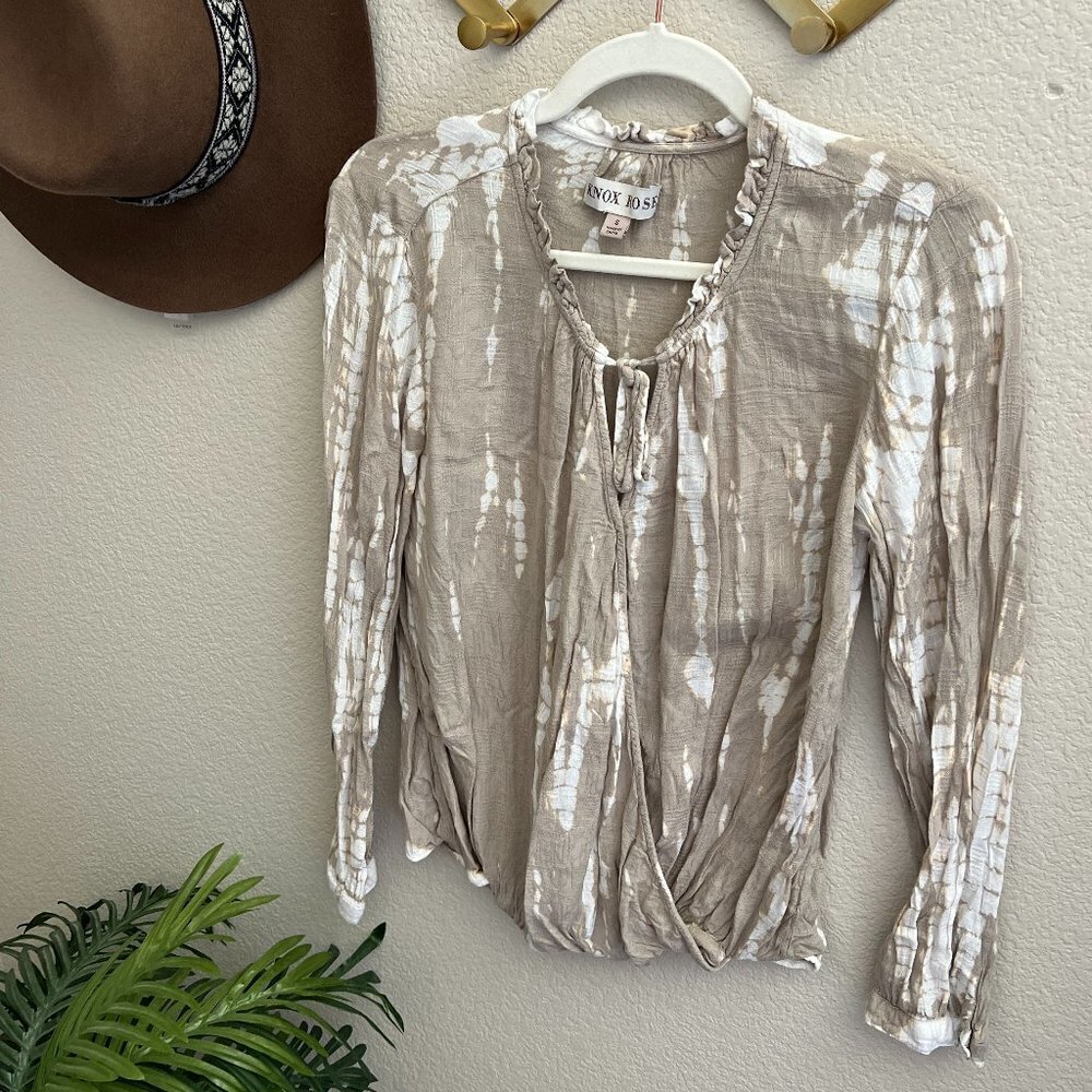 Knox Rose Taupe Ivory Tie Dye Wrap Draped Blouse Boho Lightweight Top Shirt